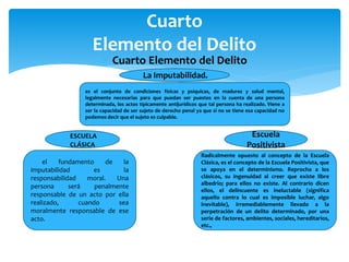  Cuarto Elemento del Delito
Cuarto
Elemento del Delito
es el conjunto de condiciones físicas y psíquicas, de madurez y salud mental,
legalmente necesarias para que puedan ser puestos en la cuenta de una persona
determinada, los actos típicamente antijurídicos que tal persona ha realizado. Viene a
ser la capacidad de ser sujeto de derecho penal ya que si no se tiene esa capacidad no
podemos decir que el sujeto es culpable.
La Imputabilidad.
ESCUELA
CLÁSICA
el fundamento de la
imputabilidad es la
responsabilidad moral. Una
persona será penalmente
responsable de un acto por ella
realizado, cuando sea
moralmente responsable de ese
acto.
Escuela
Positivista
Radicalmente opuesto al concepto de la Escuela
Clásica, es el concepto de la Escuela Positivista, que
se apoya en el determinismo. Reprocha a los
clásicos, su ingenuidad al creer que existe libre
albedrio; para ellos no existe. Al contrario dicen
ellos, el delincuente es ineluctable (significa
aquello contra lo cual es imposible luchar, algo
inevitable), irremediablemente llevado a la
perpetración de un delito determinado, por una
serie de factores, ambientes, sociales, hereditarios,
etc.,
 