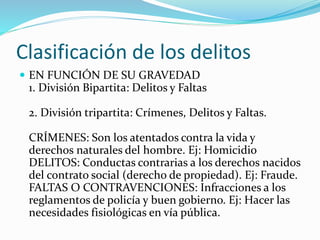 Clasificación de los delitos
 EN FUNCIÓN DE SU GRAVEDAD
1. División Bipartita: Delitos y Faltas
2. División tripartita: Crímenes, Delitos y Faltas.
CRÍMENES: Son los atentados contra la vida y
derechos naturales del hombre. Ej: Homicidio
DELITOS: Conductas contrarias a los derechos nacidos
del contrato social (derecho de propiedad). Ej: Fraude.
FALTAS O CONTRAVENCIONES: Infracciones a los
reglamentos de policía y buen gobierno. Ej: Hacer las
necesidades fisiológicas en vía pública.
 
