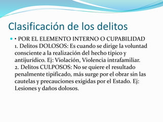 Clasificación de los delitos
 • POR EL ELEMENTO INTERNO O CUPABILIDAD
1. Delitos DOLOSOS: Es cuando se dirige la voluntad
consciente a la realización del hecho típico y
antijurídico. Ej: Violación, Violencia intrafamiliar.
2. Delitos CULPOSOS: No se quiere el resultado
penalmente tipificado, más surge por el obrar sin las
cautelas y precauciones exigidas por el Estado. Ej:
Lesiones y daños dolosos.
 