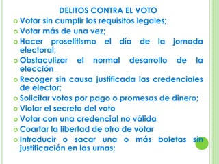 Noción LegalCódigo Penal Federal, los delitos electorales se encuentran en los arts. 401 al 413.En el Código Penal para el Distrito Federal, los delitos electorales están estipulados en los arts. 351 al 360.Dentro del Código Penal para el Estado de México, son los arts. 316 al 327.El Código Federal de Instituciones y Procedimientos Electorales (COFIPE),  en su Titulo Tercero nos habla de la jornada electoral.  Y comprende los arts. 259 al 289.Arts. 35 y 36 Constitucional.
