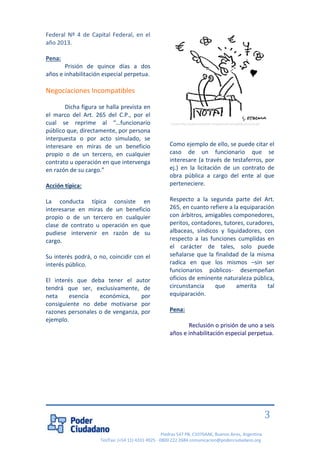 Piedras 547 PB, C1070AAK, Buenos Aires, Argentina 
Tel/Fax: (+54 11) 4331 4925 - 0800 222 2684 comunicacion@poderciudadano.org 
3 
Federal Nº 4 de Capital Federal, en el año 2013. 
Pena: 
Prisión de quince días a dos años e inhabilitación especial perpetua. 
Negociaciones Incompatibles 
Dicha figura se halla prevista en el marco del Art. 265 del C.P., por el cual se reprime al “…funcionario público que, directamente, por persona interpuesta o por acto simulado, se interesare en miras de un beneficio propio o de un tercero, en cualquier contrato u operación en que intervenga en razón de su cargo.” 
Acción típica: 
La conducta típica consiste en interesarse en miras de un beneficio propio o de un tercero en cualquier clase de contrato u operación en que pudiese intervenir en razón de su cargo. 
Su interés podrá, o no, coincidir con el interés público. 
El interés que deba tener el autor tendrá que ser, exclusivamente, de neta esencia económica, por consiguiente no debe motivarse por razones personales o de venganza, por ejemplo. 
Como ejemplo de ello, se puede citar el caso de un funcionario que se interesare (a través de testaferros, por ej.) en la licitación de un contrato de obra pública a cargo del ente al que perteneciere. 
Respecto a la segunda parte del Art. 265, en cuanto refiere a la equiparación con árbitros, amigables componedores, peritos, contadores, tutores, curadores, albaceas, síndicos y liquidadores, con respecto a las funciones cumplidas en el carácter de tales, solo puede señalarse que la finalidad de la misma radica en que los mismos –sin ser funcionarios públicos- desempeñan oficios de eminente naturaleza pública, circunstancia que amerita tal equiparación. 
Pena: 
Reclusión o prisión de uno a seis años e inhabilitación especial perpetua. 
Fuente:http://www.euskalnet.net/gabiotalora/img/dibujos/vota.gif  