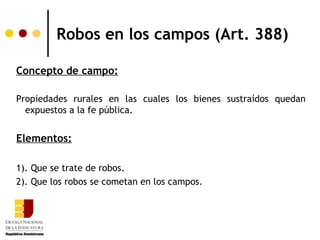 Robos en los campos (Art. 388)

Concepto de campo:

Propiedades rurales en las cuales los bienes sustraídos quedan
  expuestos a la fe pública.


Elementos:

1). Que se trate de robos.
2). Que los robos se cometan en los campos.
 