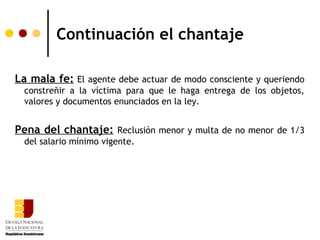 Continuación el chantaje

La mala fe: El agente debe actuar de modo consciente y queriendo
  constreñir a la víctima para que le haga entrega de los objetos,
  valores y documentos enunciados en la ley.


Pena del chantaje: Reclusión menor y multa de no menor de 1/3
  del salario mínimo vigente.
 