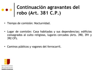 Continuación agravantes del
           robo (Art. 381 C.P.)
   Tiempo de comisión: Nocturnidad.

   Lugar de comisión: Casa habitadas y sus dependencias; edificios
    consagrados al culto religioso, lugares cercados (Arts. 390, 391 y
    392 CP).

   Caminos públicos y vagones del ferrocarril.
 