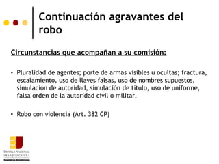 Continuación agravantes del
           robo
Circunstancias que acompañan a su comisión:

   Pluralidad de agentes; porte de armas visibles u ocultas; fractura,
    escalamiento, uso de llaves falsas, uso de nombres supuestos,
    simulación de autoridad, simulación de título, uso de uniforme,
    falsa orden de la autoridad civil o militar.

   Robo con violencia (Art. 382 CP)
 