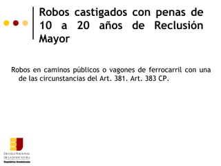 Robos castigados con penas de
        10 a 20 años de Reclusión
        Mayor

Robos en caminos públicos o vagones de ferrocarril con una
  de las circunstancias del Art. 381. Art. 383 CP.
 