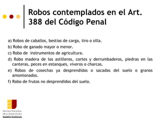 Robos contemplados en el Art.
          388 del Código Penal

a) Robos de caballos, bestias de carga, tiro o silla.
b) Robo de ganado mayor o menor.
c) Robo de instrumentos de agricultura.
d) Robo madera de los astilleros, cortes y derrumbaderos, piedras en las
   canteras, peces en estanques, viveros o charcas.
e) Robos de cosechas ya desprendidas o sacadas del suelo o granos
   amontonados.
f) Robo de frutos no desprendidos del suelo.
 