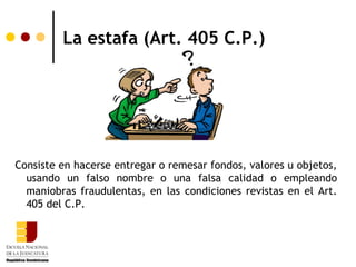 La estafa (Art. 405 C.P.)




Consiste en hacerse entregar o remesar fondos, valores u objetos,
  usando un falso nombre o una falsa calidad o empleando
  maniobras fraudulentas, en las condiciones revistas en el Art.
  405 del C.P.
 