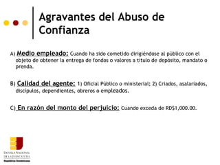 Agravantes del Abuso de
              Confianza
A)   Medio empleado: Cuando ha sido cometido dirigiéndose al público con el
     objeto de obtener la entrega de fondos o valores a título de depósito, mandato o
     prenda.


B) Calidad del agente: 1) Oficial Público o ministerial; 2) Criados, asalariados,
  discípulos, dependientes, obreros o emp leados.


C) En razón del monto del perjuicio: Cuando exceda de RD$1,000.00.
 