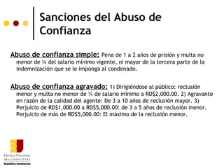 Sanciones del Abuso de
           Confianza

Abuso de confianza simple: Pena de 1 a 2 años de prisión y multa no
  menor de ¼ del salario mínimo vigente, ni mayor de la tercera parte de la
  indemnización que se le imponga al condenado.


Abuso de confianza agravado: 1) Dirigiéndose al público: reclusión
  menor y multa no menor de ¼ de salario mínimo a RD$2,000.00. 2) Agravante
  en razón de la calidad del agente: De 3 a 10 años de reclusión mayor. 3)
  Perjuicio de RD$1,000.00 a RD$5,000.00: de 3 a 5 años de reclusión menor.
  Perjuicio de más de RD$5,000.00: El máximo de la reclusión menor.
 