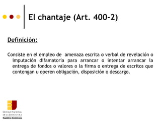 El chantaje (Art. 400-2)

Definición:

Consiste en el empleo de amenaza escrita o verbal de revelación o
  imputación difamatoria para arrancar o intentar arrancar la
  entrega de fondos o valores o la firma o entrega de escritos que
  contengan u operen obligación, disposición o descargo.
 