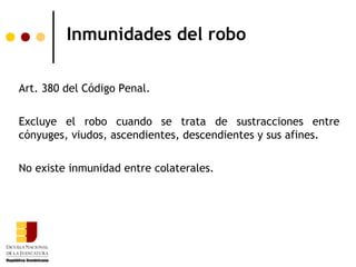 Inmunidades del robo

Art. 380 del Código Penal.

Excluye el robo cuando se trata de sustracciones entre
cónyuges, viudos, ascendientes, descendientes y sus afines.

No existe inmunidad entre colaterales.
 