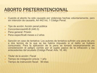 ABORTO PRETERINTENCIONAL
   Cuando el aborto ha sido causado por violencias hechas voluntariamente, pero
    sin intención de causarlo, Art 442 Inc. 1 Código Penal.

   Tipo de acción: Acción penal pública
   Concordancias440-B (440.3)
   Pena general: Prisión
   Pena específica6 meses a 2 años

   Sanción en caso de tentativa: Los autores de tentativa sufrirán una pena de uno
    a dos tercios de la que se les habría impuesto si el delito se hubiere
    consumado. Para la aplicación de la pena se tomará necesariamente en
    consideración el peligro corrido por el sujeto pasivo de la infracción y los
    antecedentes del acusado (Código Penal: Arts. 16; 46)

   Titular de la acción: Fiscal
   Tiempo de indagación previa: 1 año
   Tiempo de instrucción fiscal: 90 días
 