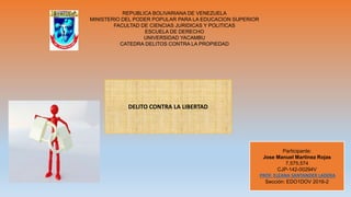 REPUBLICA BOLIVARIANA DE VENEZUELA
MINISTERIO DEL PODER POPULAR PARA LA EDUCACION SUPERIOR
FACULTAD DE CIENCIAS JURIDICAS Y POLITICAS
ESCUELA DE DERECHO
UNIVERSIDAD YACAMBU
CATEDRA DELITOS CONTRA LA PROPIEDAD
Participante:
Jose Manuel Martinez Rojas
7,575,574
CJP-142-00294V
PROF. ELEANA SANTANDER LADERA
Sección: EDO1DOV 2016-2
DELITO CONTRA LA LIBERTAD
 