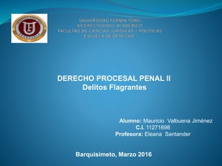 DERECHO PROCESAL PENAL II
Delitos Flagrantes
Alumno: Mauricio Valbuena Jiménez
C.I. 11271698
Profesora: Eleana Santander
Barquisimeto, Marzo 2016
 