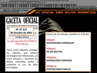 Nº 37.313
   30 Octubre de 2001
                                  Consta de 32 artículos, dividida en 4 títulos:

Ley Especial sobre Delitos        TITULO I
      Informáticos                DISPOSICIONES GENERALES
            Ley
                                  TITULO II
   Especialque utilicen
                   sobre
Tiene como objetivo proteger
los sistemas                      DE LOS DELITOS
         Delitos
tecnologías de información, así
                                  TITULO III
      Informáticos
como prevenir y sancionar los
delitos cometidos contra o        DIPOSICIONES COMUNES
mediante el uso de tales
tecnologías.                      TITULO IV
                                  DISPOSICIONES FINALES
 