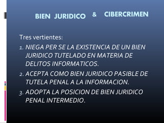 Tres vertientes:
1. NIEGA PER SE LA EXISTENCIA DE UN BIEN
JURIDICO TUTELADO EN MATERIA DE
DELITOS INFORMATICOS.
2. ACEPTA COMO BIEN JURIDICO PASIBLE DE
TUTELA PENAL A LA INFORMACION.
3. ADOPTA LA POSICION DE BIEN JURIDICO
PENAL INTERMEDIO.
 