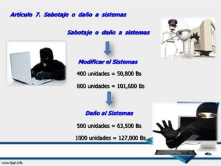 Artículo 7. Sabotaje o daño a sistemas
Sabotaje o daño a sistemas
Modificar el Sistemas
400 unidades = 50,800 Bs
800 unidades = 101,600 Bs
Daño al Sistemas
1000 unidades = 127,000 Bs
500 unidades = 63,500 Bs
 