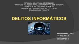 REPÚBLICA BOLIVARIANA DE VENEZUELA
MINISTERIO DEL PODER POPULAR PARA LA EDUCACIÓN SUPERIOR
UNIVERSIDAD BICENTENARIA DE ARAGUA
FACULTAD DE CIENCIAS JURIDICAS Y POLITICAS
SAN JOAQUIN DE TURMERO
YANEIRIS HERNANDEZ
C.I.: V-20.695.919
INFORMATICA III
 