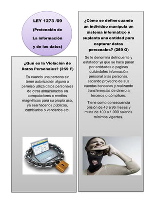 LEY 1273 /09
(Protección de
La información
y de los datos)
¿Qué es la Violación de
Datos Personales? (269 F)
Es cuando una persona sin
tener autorización alguna o
permiso utiliza datos personales
de otras almacenados en
computadores o medios
magnéticos para su propio uso,
ya sea hacerlos públicos,
cambiarlos o venderlos etc.
¿Cómo se define cuando
un individuo manipula un
sistema informático y
suplanta una entidad para
capturar datos
personales? (269 G)
Se le denomina delincuente y
estafador ya que se hace pasar
por entidades o paginas
quitándoles información
personal a las personas,
sacando provecho de sus
cuentas bancarias y realizando
transferencias de dinero a
terceros o cómplices.
Tiene como consecuencia
prisión de 48 a 96 meses y
multa de 100 a 1.000 salarios
mínimos vigentes.
 