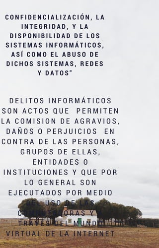D E L I T O S I N F O R M Á T I C O S
S O N A C T O S Q U E   P E R M I T E N
L A C O M I S I O N D E A G R A V I O S ,
D A Ñ O S O P E R J U I C I O S   E N
C O N T R A D E L A S P E R S O N A S ,
G R U P O S D E E L L A S ,
E N T I D A D E S O
I N S T I T U C I O N E S Y Q U E P O R
L O G E N E R A L S O N
E J E C U T A D O S P O R M E D I O
D E L U S O D E L A S
C O M P U T A D O R A S Y A
T R A V É S D E L M U N D O
V I R T U A L D E L A I N T E R N E T
C O N F I D E N C I A L I Z A C I Ó N , L A
I N T E G R I D A D , Y L A
D I S P O N I B I L I D A D D E L O S
S I S T E M A S I N F O R M Á T I C O S ,
A S Í C O M O E L A B U S O D E
D I C H O S S I S T E M A S , R E D E S
Y D A T O S "
 