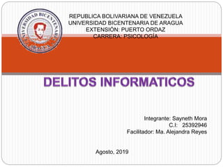 REPUBLICA BOLIVARIANA DE VENEZUELA
UNIVERSIDAD BICENTENARIA DE ARAGUA
EXTENSIÓN: PUERTO ORDAZ
CARRERA: PSICOLOGÍA
Integrante: Sayneth Mora
C.I: 25392946
Facilitador: Ma. Alejandra Reyes
Agosto, 2019
 