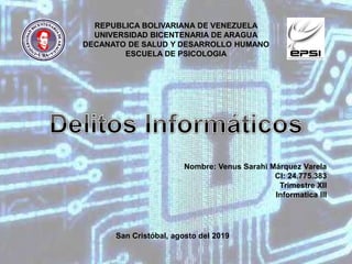 REPUBLICA BOLIVARIANA DE VENEZUELA
UNIVERSIDAD BICENTENARIA DE ARAGUA
DECANATO DE SALUD Y DESARROLLO HUMANO
ESCUELA DE PSICOLOGIA
Nombre: Venus Sarahi Márquez Varela
CI: 24.775.383
Trimestre XII
Informatica III
San Cristóbal, agosto del 2019
 