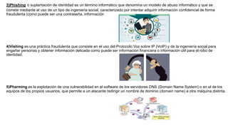 3)Phishing o suplantación de identidad es un término informático que denomina un modelo de abuso informático y que se
comete mediante el uso de un tipo de ingeniería social, caracterizado por intentar adquirir información confidencial de forma
fraudulenta (como puede ser una contraseña, información
4)Vishing es una práctica fraudulenta que consiste en el uso del Protocolo Voz sobre IP (VoIP) y de la ingeniería social para
engañar personas y obtener información delicada como puede ser información financiera o información útil para el robo de
identidad.
5)Pharming es la explotación de una vulnerabilidad en el software de los servidores DNS (Domain Name System) o en el de los
equipos de los propios usuarios, que permite a un atacante redirigir un nombre de dominio (domain name) a otra máquina distinta.
 