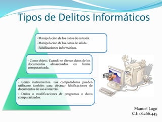 Tipos de Delitos Informáticos
· Manipulación de los datos de entrada.
· Manipulación de los datos de salida.
· Falsificaciones informáticas.
· Como objeto. Cuando se alteran datos de los
documentos almacenados en forma
computarizada.
· Como instrumentos. Las computadoras pueden
utilizarse también para efectuar falsificaciones de
documentos de uso comercial.
· Daños o modificaciones de programas o datos
computarizados.
Manuel Lugo
C.I: 18.266.445
 