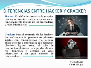 DIFERENCIAS ENTRE HACKER Y CRACKER
Hacker: En definitiva, se trata de usuarios
con conocimientos muy avanzados en el
funcionamiento interno de los ordenadores
y redes informáticas.
Cracker: Muy al contrario de los hackers,
los crackers son lo opuesto a los primeros:
sujetos con conocimientos (no siempre
altos) de redes e informática que persiguen
objetivos ilegales, como el robo de
contraseñas, destrozar la seguridad de una
red doméstica o esparcir un virus
informático a un gran número de
computadoras.
 