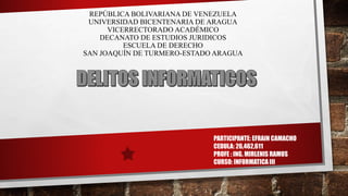 REPÚBLICA BOLIVARIANA DE VENEZUELA
UNIVERSIDAD BICENTENARIA DE ARAGUA
VICERRECTORADO ACADÉMICO
DECANATO DE ESTUDIOS JURIDICOS
ESCUELA DE DERECHO
SAN JOAQUÍN DE TURMERO-ESTADO ARAGUA
PARTICIPANTE: EFRAIN CAMACHO
CEDULA: 26,462,611
PROFE : ING. MIRLENIS RAMOS
CURSO: INFORMATICA III
 
