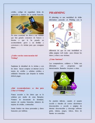 crédito, código de seguridad, fecha de
expiración y numero de tu cuenta bancaria.
En otras ocasiones les dicen a sus víctimas
que han ganado concursos de bancos o
loterías o que le ha pasado un
acontecimiento grave a un familiar y
convencen a la víctima para que consignen
dinero.
¿Cuáles son las consecuencias del
Vishing?
Suplantan la identidad de la víctima y con
los datos hacen compras en internet con la
tarjeta de crédito y solicitan créditos a
entidades bancarias que después la victima
deberá pagar.
¿Qué recomendaciones se dan para
evitar el Vishing?
Nunca acceder a los datos que se le
soliciten por medio de estas llamadas:
Numero de documento de identidad,
numero de cuentas bancarias, números de
tarjetas de crédito, contraseñas.
Jamás brindes tus datos personales y datos
bancarios por teléfono.
PHARMING
El pharming es una modalidad de delito
informático parecido al Phishing con la
diferencia de que en esta modalidad se
utiliza páginas web reales para obtener los
datos y robar a sus víctimas.
¿Cómo funciona?
Las computadoras, celulares o Tablet son
infectadas con programas mal
intencionados llamados troyanos o virus.
Se pueden infectar, cuando el usuario
accede a vínculos de correo electrónicos
desconocidos o accede a páginas de
internet desconocidas y descarga software
gratis, música, juegos, videos, fotos de
fuentes no conocidas.
 