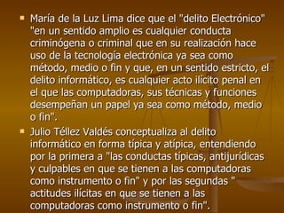 María de la Luz Lima dice que el "delito Electrónico" "en un sentido amplio es cualquier conducta criminógena o criminal que en su realización hace uso de la tecnología electrónica ya sea como método, medio o fin y que, en un sentido estricto, el delito informático, es cualquier acto ilícito penal en el que las computadoras, sus técnicas y funciones desempeñan un papel ya sea como método, medio o fin". Julio Téllez Valdés conceptualiza al delito informático en forma típica y atípica, entendiendo por la primera a "las conductas típicas, antijurídicas y culpables en que se tienen a las computadoras como instrumento o fin" y por las segundas " actitudes ilícitas en que se tienen a las computadoras como instrumento o fin". 