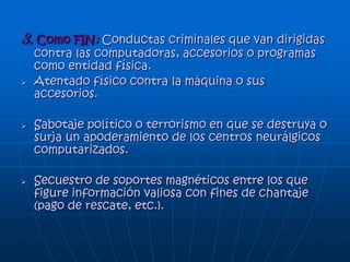 LEGISLACIÓN
En Colombia el acceso
abusivo a un sistema
informático se castiga con
multa, la violación ilícita de
comunicación o
correspondencia oficial
con 3 a 6 años de cárcel,
la utilización ilícita de
equipos transmisores o
receptores (WiFi) se
penaliza con 1 a 3 años, la
violación ilícita de
comunicaciones con 2 a 4
años en el peor escenario
y el delito de sabotaje con
uno a seis años y multa de
5 a 20 salarios mínimos"
 
