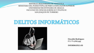 REPÚBLICA BOLIVARIANA DE VENEZUELA
MINISTERIO DEL PODER POPULAR PARA LA EDUCACIÓN SUPERIOR
UNIVERSIDAD BICENTENARIA DE ARAGUA
FACULTAD DE CIENCIAS JURIDICAS Y POLITICAS
SAN JOAQUIN DE TURMERO
Oswaldo Rodriguez
C.I.: V-17.817.933
INFORMATICA III
 