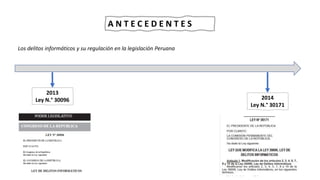 A N T E C E D E N T E S
2014
Ley N.° 30171
Los delitos informáticos y su regulación en la legislación Peruana
2013
Ley N.° 30096
 