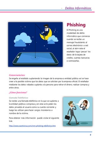 - Delitos Informáticos
5
Phishing
El Phishing es una
modalidad de delito
informático que comienza
cuando se recibe un
mensaje fraudulento al
correo electrónico o red
social, al abrir este el
estafador logra ‘pescar’ los
datos de la tarjeta de
crédito, cuentas bancarias
o contraseñas.
Consecuencias:
Se engaña al estafado suplantando la imagen de la empresa o entidad pública así se hace
creer a la posible victima que los datos que se solicitan por la empresa oficial; El estafador
mediante los datos robados suplanta a la persona para retirar el dinero, realizar compras y
entre otros.
¿Cómo funciona?
Llamada Telefónica:
Se recibe una llamada telefónica en la que se suplanta a
la entidad pública o empresa y en esta se le piden los
datos privados al usuario como su cuenta corriente y
luego las utilizan para hacer cargos monetarios a
nombre de la víctima.
Para obtener más información puede visitar el siguiente
link:
http://www.vsantivirus.com/mm-phishing-telefonico.htm
 