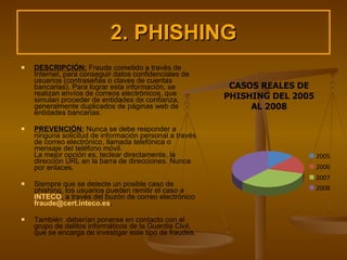 2. PHISHING DESCRIPCIÓN:  Fraude cometido a través de Internet, para conseguir datos confidenciales de usuarios (contraseñas o claves de cuentas bancarias). Para lograr esta información, se realizan envíos de correos electrónicos, que simulan proceder de entidades de confianza, generalmente duplicados de páginas web de entidades bancarias.  PREVENCIÓN:   Nunca se debe responder a ninguna solicitud de información personal a través de correo electrónico, llamada telefónica o mensaje del teléfono móvil. La mejor opción es, teclear directamente, la dirección URL en la barra de direcciones. Nunca por enlaces. Siempre que se detecte un posible caso de phishing, los usuarios pueden remitir el caso a  INTECO , a través del buzón de correo electrónico  [email_address] .  También  deberían ponerse en contacto con el grupo de delitos informáticos de la Guardia Civil, que se encarga de investigar este tipo de fraudes. CASOS REALES DE PHISHING DEL 2005 AL 2008 
