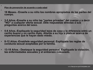 Plan de prevención de acuerdo a cada edad 18 Meses.- Enseñe a su niño los nombres apropiados de las partes del cuerpo. 3-5 Años.-Enseñe a su niño las "partes privadas" del cuerpo y a decir "NO" a cualquier oferta sexual. Déle respuestas directas a sus preguntas acerca del sexo. 5-8 Años.-Explíquele la seguridad lejos de casa y la diferencia entre un cariño bueno y un cariño malo. Aliente a su hijo a platicar acerca de experiencias que le hayan dado miedo. 8-12 Años.-Enséñele seguridad personal. Explíquele las reglas de conducta sexual aceptadas por la familia. 13-18 Años.- Destaque la seguridad personal. Explíquele la violación, las enfermedades sexuales y el embarazo indeseado. 