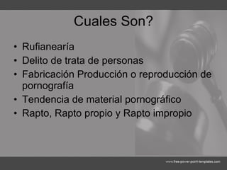 Cuales Son? Rufianearía Delito de trata de personas Fabricación Producción o reproducción de pornografía Tendencia de material pornográfico Rapto, Rapto propio y Rapto impropio 
