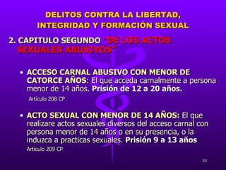 2. CAPITULO SEGUNDO  “ DE LOS ACTOS SEXUALES ABUSIVOS” ACCESO CARNAL ABUSIVO CON MENOR DE CATORCE AÑOS : El que acceda carnalmente a persona menor de 14 años.  P risión de 12   a 20   años.   Artículo 208 CP ACTO SEXUAL CON MENOR DE 14 AÑOS:  El que realizare actos sexuales diversos del acceso carnal con persona menor de 14 años o en su presencia, o la induzca a practicas sexuales.  Prisión 9 a 13 años Artículo 209 CP DELITOS CONTRA LA LIBERTAD, INTEGRIDAD Y FORMACIÓN SEXUAL 