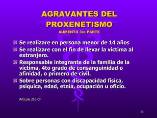 AGRAVANTES DEL PROXENETISMO AUMENTO 3ra PARTE Se realizare en persona menor de 14 años Se realizare con el fin de llevar la víctima al extranjero. Responsable integrante de la familia de la víctima, 4to grado de consanguinidad o afinidad, o primero de civil. Sobre personas con discapacidad física, psiquica, edad, etnia, ocupación u oficio. Artículo 216 CP 