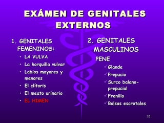 EXÁMEN DE GENITALES EXTERNOS  1. GENITALES FEMENINOS: LA VULVA La horquilla vulvar Labios mayores y menores El clítoris El meato urinario EL HIMEN 2. GENITALES MASCULINOS PENE Glande Prepucio Surco balano-prepucial Frenillo Bolsas escrotales 