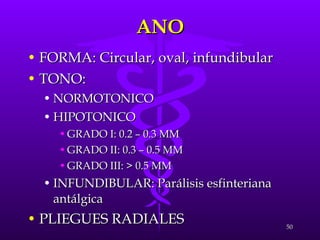 ANO FORMA: Circular, oval, infundibular TONO:  NORMOTONICO HIPOTONICO GRADO I: 0.2 – 0.3 MM GRADO II: 0.3 – 0.5 MM GRADO III: > 0.5 MM INFUNDIBULAR: Parálisis esfinteriana antálgica PLIEGUES RADIALES 