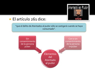  El artículo 261 dice:
“que el delito de Atentados al pudor sólo se castigará cuando se haya
consumado”.
Elementos
del
Atentado
al pudor
Sin
consentimiento
de la persona
púber
Con o sin
consentimiento
de la persona
impúber
 