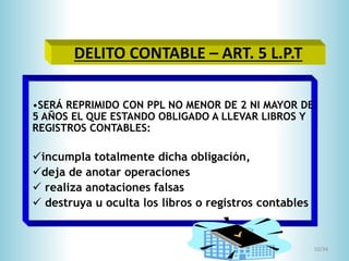 10/34
•SERÁ REPRIMIDO CON PPL NO MENOR DE 2 NI MAYOR DE
5 AÑOS EL QUE ESTANDO OBLIGADO A LLEVAR LIBROS Y
REGISTROS CONTABLES:
incumpla totalmente dicha obligación,
deja de anotar operaciones
 realiza anotaciones falsas
 destruya u oculta los libros o registros contables
DELITO CONTABLE – ART. 5 L.P.T
 