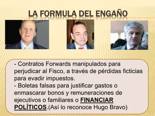 LA FORMULA DEL ENGAÑO
- Contratos Forwards manipulados para
perjudicar al Fisco, a través de pérdidas ficticias
para evadir impuestos.
- Boletas falsas para justificar gastos o
enmascarar bonos y remuneraciones de
ejecutivos o familiares o FINANCIAR
POLÍTICOS.(Así lo reconoce Hugo Bravo)
17
 