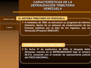 CARACTERÍSTICAS DE LA
                      DEFRAUDACIÓN TRIBUTARIA
                            VENEZUELA


Definición   EL SISTEMA TRIBUTARIO EN VENEZUELA.
                 A mediados de 1994, se estructuró un programa de reforma
                 tributaria, dentro de un esfuerzo de modernización de las
  Leyes          finanzas públicas por el lado de los ingresos, que en
                 Venezuela (Proyecto SIGECOF),




                 EJEMPLO DE DELITO TRIBUTARIO
                 En fecha 17 de septiembre de 2008, la abogada Adda
                 Almanzar, inscrita en el INPREABOGADO bajo el número
                 68.313, actuando con el carácter de representante judicial
                 del FISCO NACIONAL,
 
