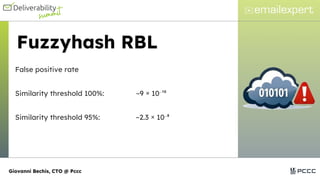 Fuzzyhash RBL
False positive rate
Similarity threshold 100%: ~9 × 10⁻¹⁰
Similarity threshold 95%: ~2.3 × 10⁻⁸
Giovanni Bechis, CTO @ Pccc
 