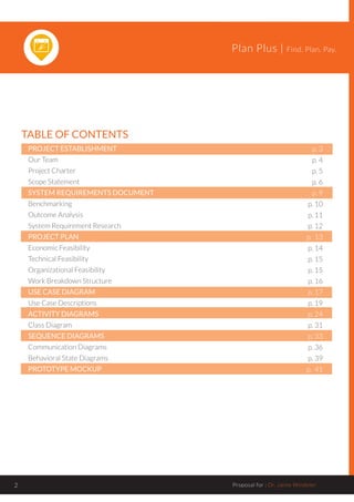 Plan Plus | Find. Plan. Pay.
Proposal for : Dr. Jaime Windeler2
TABLE OF CONTENTS
PROJECT ESTABLISHMENT
Our Team
Project Charter
Scope Statement
SYSTEM REQUIREMENTS DOCUMENT
Benchmarking
Outcome Analysis
System Requirement Research
PROJECT PLAN
Economic Feasibility
Technical Feasibility
Organizational Feasibility
Work Breakdown Structure
USE CASE DIAGRAM
Use Case Descriptions
ACTIVITY DIAGRAMS
Class Diagram
SEQUENCE DIAGRAMS
Communication Diagrams
Behavioral State Diagrams
PROTOTYPE MOCKUP
p. 3
p. 4
p. 5
p. 6
p. 9
p. 10
p. 11
p. 12
p. 13
p. 14
p. 15
p. 15
p. 16
p. 17
p. 19
p. 24
p. 31
p. 33
p. 36
p. 39
p. 41
 